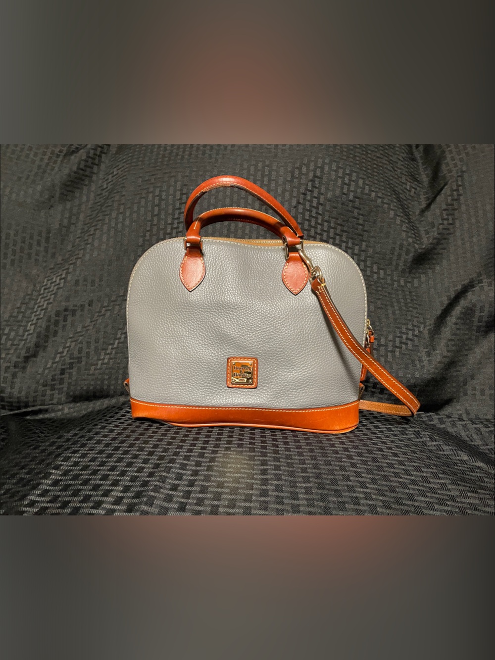 Dooney & Bourke Gray Pebbled Leather Satchel with Brown Trim/ good condition